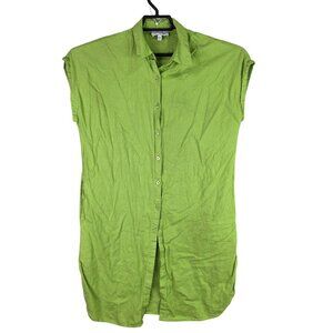 Womens Calligraphie Green Tunic Linen Blend Shirt Button Up Cap Sleeve Size S